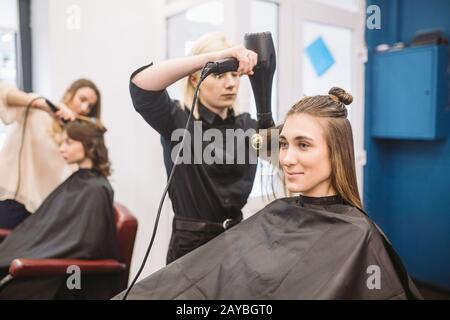 Portrait of happy woman at the hair salon. Professional hair styling concept. Hairdresser drying girl long hair using hairdryer Stock Photo