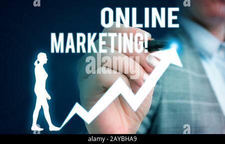 Handwriting text writing Online Marketing. Concept meaning leveraging web based channels spread about companys brand Female huma Stock Photo