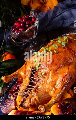 roast duck with potato dumplings and plums Stock Photo - Alamy
