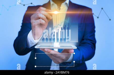 Bar chart growing up improvement line and man pointing to screen. Businessman and graph representation of increasing report. Off Stock Photo