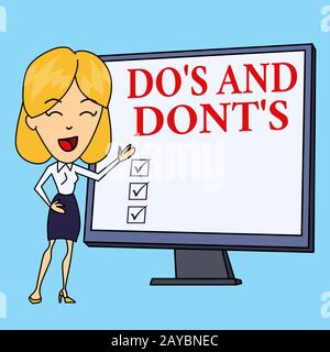 Writing note showing Do S And Dont S. Business photo showcasing Rules or customs concerning some activity or actions White Femal Stock Photo