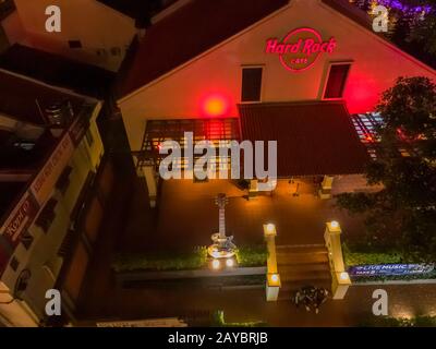 Night shot aerial view of Hard Rock Cafe at the entrance of Jonker Street, World Cultural Heritage Malacca City, Malaysia. Stock Photo