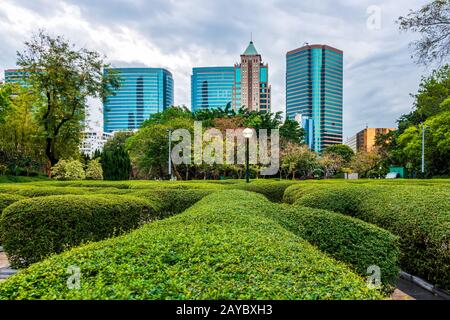 Green hedges at Kowloon Park with skyscrapers in background Stock Photo