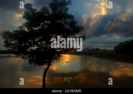 Sunset seen trees along with lake and colorful dramatic sky. Stock Photo