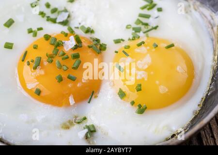 Fried eggs in a pan Stock Photo