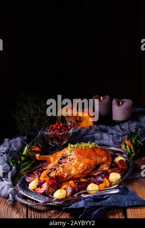 roast duck with potato dumplings and plums Stock Photo - Alamy