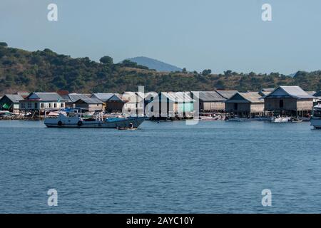 View of Bungin Island, off the coast of Sumbawa Island, Indonesia, home to a group of Bajau Sea Gypsies, famous for living in stilt houses above the w Stock Photo