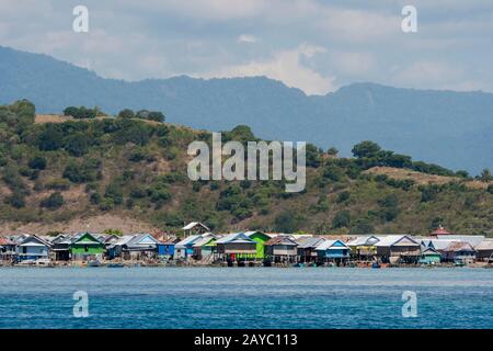 View of Bungin Island, off the coast of Sumbawa Island, Indonesia, home to a group of Bajau Sea Gypsies, famous for living in stilt houses above the w Stock Photo