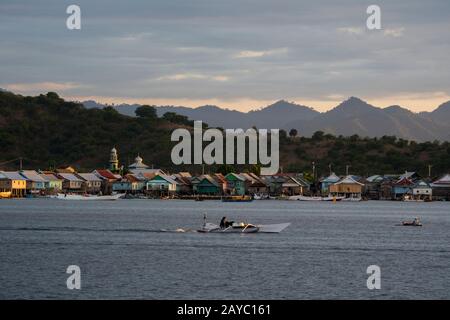 View of Bungin Island, off the coast of Sumbawa Island, Indonesia, home to a group of Bajau Sea Gypsies, famous for living in stilt houses above the w Stock Photo