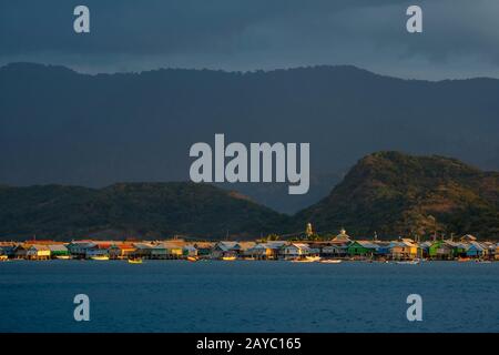 View of Bungin Island, off the coast of Sumbawa Island, Indonesia, home to a group of Bajau Sea Gypsies, famous for living in stilt houses above the w Stock Photo