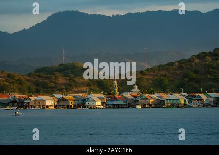 View of Bungin Island, off the coast of Sumbawa Island, Indonesia, home to a group of Bajau Sea Gypsies, famous for living in stilt houses above the w Stock Photo