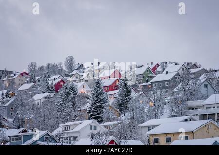 Hillside houses in Tromso in winter Stock Photo