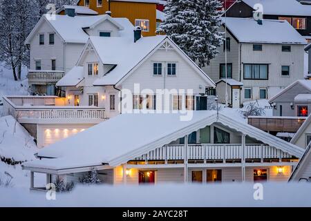 Hillside houses in Tromso in winter Stock Photo