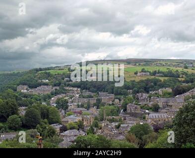 an aerial view of the town of hebden bridge in west yorkshire surrounded by pennine hills and fields Stock Photo