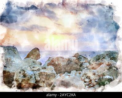 watercolor painting of a glowing golden sunset surrounded by clouds over a calm Mediterranean sea with a foreground of coastal r Stock Photo