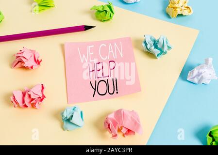 Writing note showing We Can Help You. Business photo showcasing offering good assistance to customers or friends Colored crumple Stock Photo