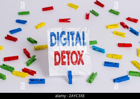 Text sign showing Digital Detox. Conceptual photo Free of Electronic Devices Disconnect to Reconnect Unplugged Colored clothespi Stock Photo