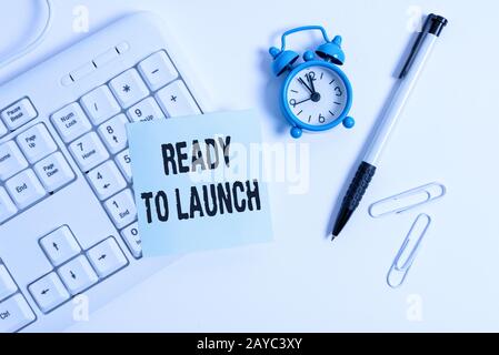 Conceptual hand writing showing Ready To Launch. Business photo text an event to celebrate or introduce something new to market Stock Photo