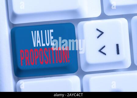 Handwriting text writing Value Proposition. Concept meaning innovation service intended make product attractive White pc keyboar Stock Photo