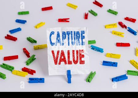 Text sign showing Capture Value. Conceptual photo Customer Relationship Satisfy Needs Brand Strength Retention Colored clothespi Stock Photo