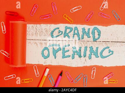 Conceptual hand writing showing Grand Opening. Business photo text Ribbon Cutting New Business First Official Day Launching. Stock Photo