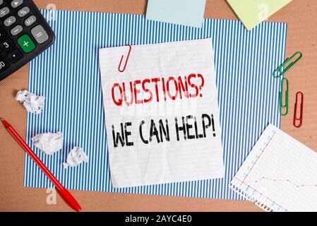 Text sign showing Questionsquestion We Can Help. Conceptual photo offering help to those who wants to know Striped paperboard no Stock Photo