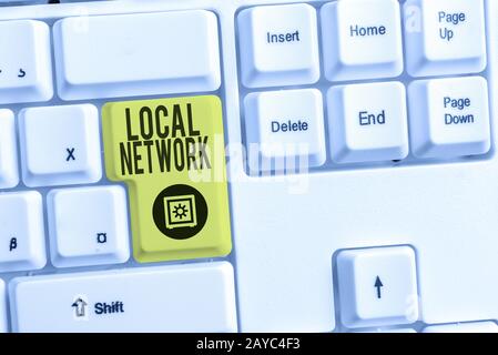 Handwriting text Local Network. Concept meaning Intranet LAN Radio Waves DSL Boradband Switch Connection White pc keyboard with Stock Photo