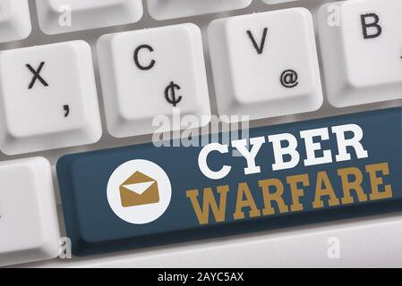 Word writing text Cyber Warfare. Business concept for Virtual War Hackers System Attacks Digital Thief Stalker White pc keyboard Stock Photo