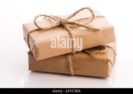 Craft gift boxes on white background Stock Photo