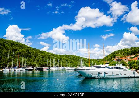 Skradin harbor on the Adriatic coast and Krka river in Croatia. Long wide banner Stock Photo
