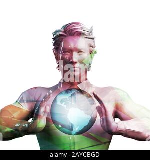 Chinese Business Man Holding Globe Stock Photo