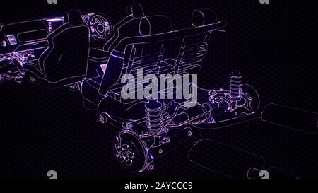 Holographic animation of 3D wireframe car model with engine Stock Photo