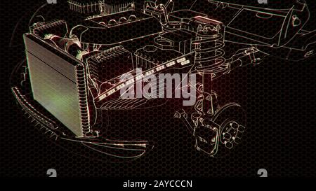 Holographic animation of 3D wireframe car model with engine Stock Photo