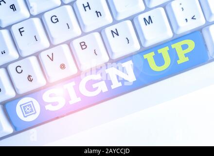 Word writing text Sign Up. Business concept for use your information to register in website team college or blog White pc keyboa Stock Photo