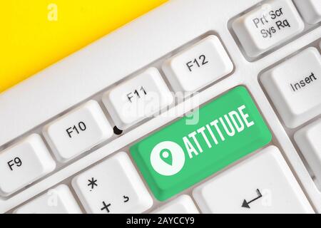 Text sign showing Attitude. Conceptual photo settled way of thinking or feeling about something Personality White pc keyboard wi Stock Photo