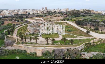 Aerial view of Ggantija Temples and Xaghra town in Gozo, Malta's smaller island Stock Photo