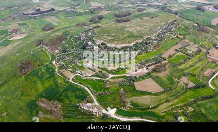 Aerial view of Il-Nuffara - a hill in central Gozo, Malta's smaller island which is believed to be the place of settlement during the bronze age Stock Photo