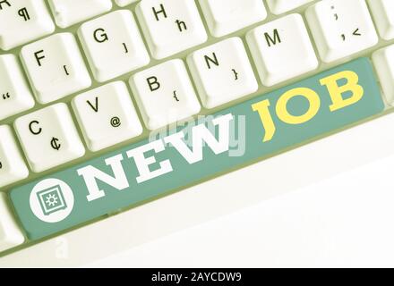 Word writing text New Job. Business concept for signing contract Finding work opportunity Seeking better salary White pc keyboar Stock Photo