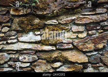 Stone wall with green moss background. Stock Photo