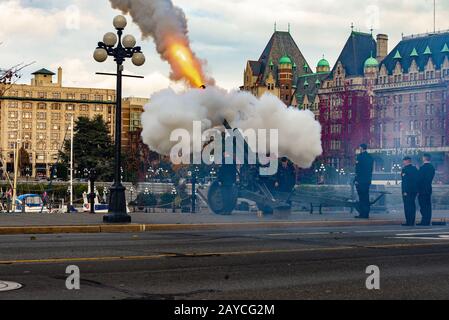 Victoria British Columbia Canada November 1 2012: Artillery 21 gun salute at the opening of the legislature BC Stock Photo