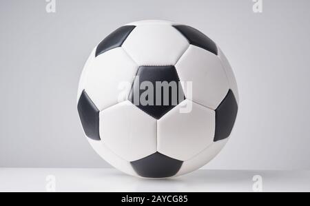 Soccer or football ball close up image on light grey background. Stock Photo