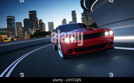 Front angle view of a generic red brandless American muscle car in a city street road  with motion blur . Transportation concept Stock Photo