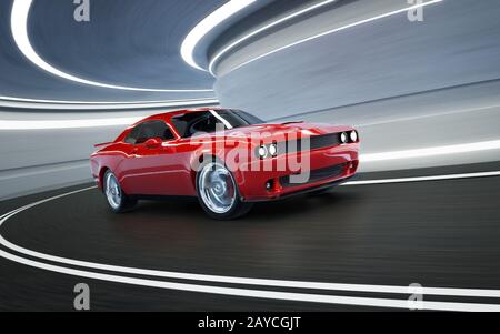 Front angle view of a generic red brandless American muscle car in a tunnel with motion blur . Transportation concept . 3D Rende Stock Photo