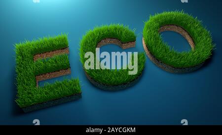 3D rendering Eco word made of green grass on gradient blue background . Save the Earth concept . Stock Photo