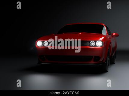 Front angle view of a generic red brandless American muscle car on a black background . Transportation concept . 3d illustration Stock Photo