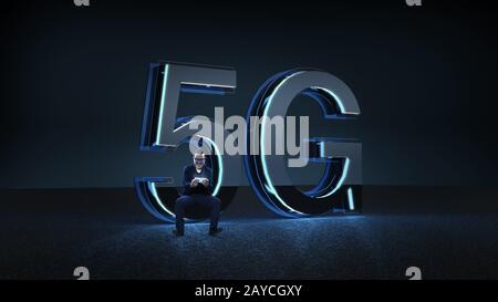 Businessman excited sit on the 3D render 5G futuristic font with blue neon light . Mobile network speed communication technology Stock Photo