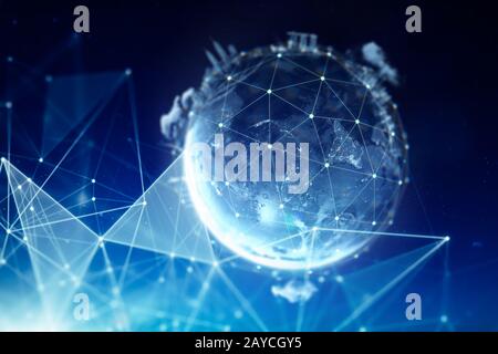 Abstract globe with connected dots wireless communication network on space . Global business concept . Stock Photo