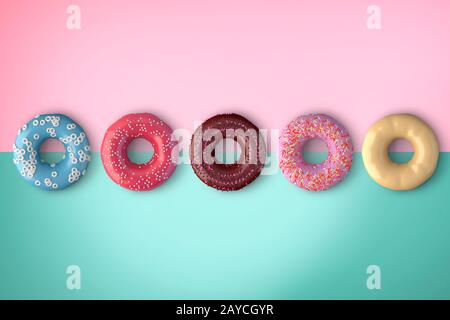 Top view various donut isolated on pink and vintage green background . 3d rendering . Stock Photo