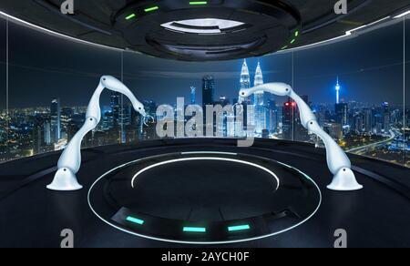Two rendering assembly robot arm in futuristic lab with large windows and city urban landscape . Mixed media . Stock Photo