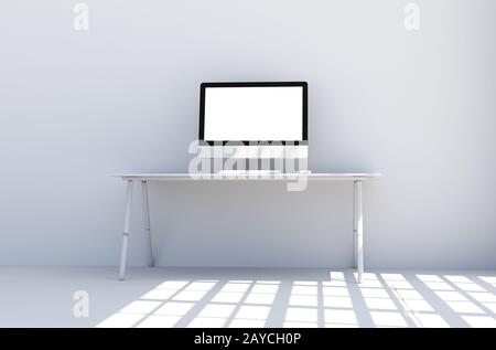 Desktop computer with blank screen on table . 3D Renrering Stock Photo